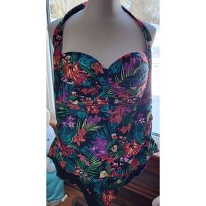 Catalina One Piece Swimsuit 3X Halter Tie Stretch Soft Cup Floral Tropical Beach